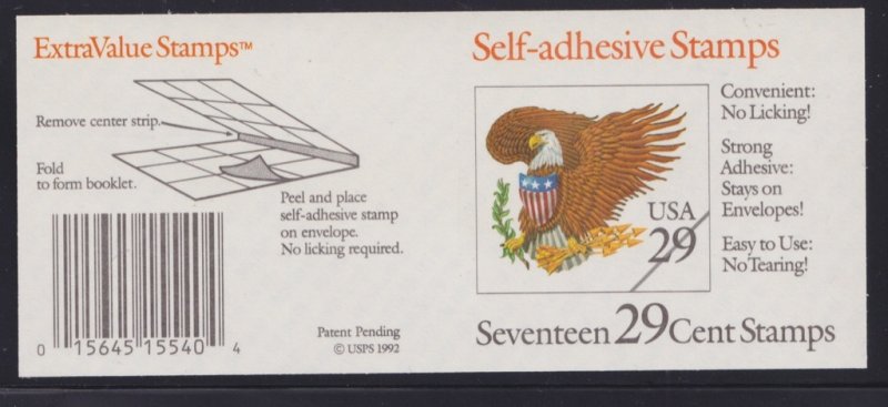 BOBPLATES #2595a Eagle Shield Self Adhesive Booklet B32322 VF MintNH CV=$12.75