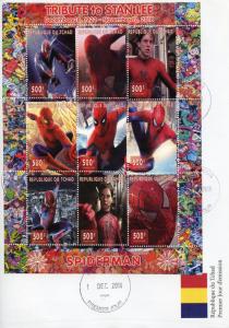 Chad 2018 FDC Spiderman Stan Lee Superheroes 9v M/S Cover Comics Movies Stamps