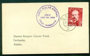 NORWAY 1951, First Polar Airmail card Oslo-Fairbanks (Alaska) backstamped, VF