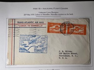 1939 Portugal FAM 18 FFC Airmail Cover Lisbon to Providence RI USA via Marseille