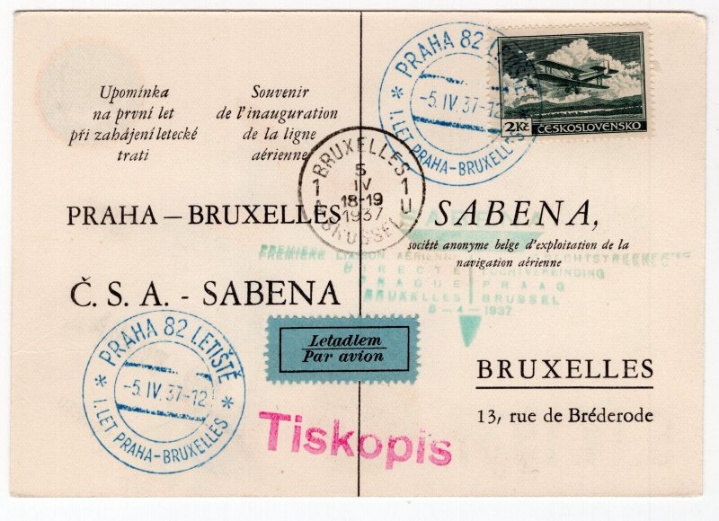 CZECHOSLOVAKIA 1937 PRAGUE BRUXELLES AIRMAIL POSTCARD SEE SCANS (4)