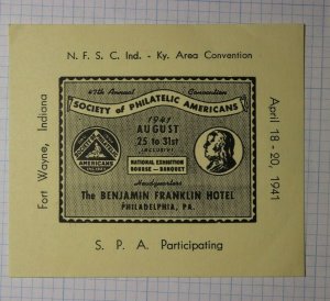 SPA Fort Wayne IN 1941 Benjamin Franklin Hotel Philatelic Souvenir Ad Label