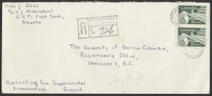 1965 Registered Cover Fort Saskatchewan Alberta to Vancouver BC #10 Size