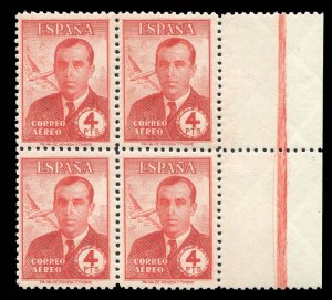 Spain #C120 Cat$48+, 1945 4p red, sheet margin block of four, never hinged