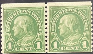 Scott #597 1923 1¢ Benjamin Franklin rotary perf. 10 vertically MNH OG pair