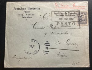 1924 Pasto Colombia Commercial Cover To St Gallen Switzerland Via Quito