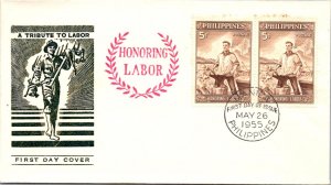 Philippines FDC 1955 - Honoring Labor - 2 x 5c Stamp - Pair - F43138