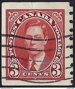 CANADA 1937 KGVI 3c Scarlet Imperf x Perf 8 SG370 Used
