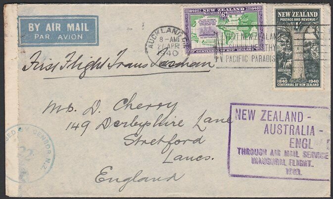 NEW ZEALAND 1940 First flight cover to UK - censor mark & tape..............E300