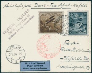 LIECHTENSTEIN, RARE FLIGHT BASEL-FRANKFURT MAY 2 1934 (NIGHT FLIGHT)