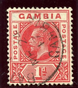 Gambia 1915 KGV 1d rose-red showing the SPLIT A variety Row 8/3 VFU. SG 87c.