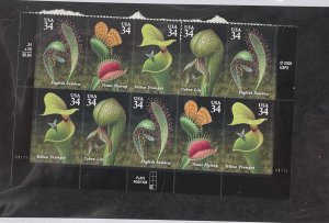 US 2001 Carnivorous Plants # 3528-31 2 Plate Blocks strip of 10