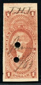 US Scott R67a $1.00 Goods Entry  IMPERF. Revenue stamp Used Punched