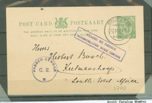 South Africa  Postal stat card sent from Walvis Bay to Keetmanshop formerly German Swk.boxed censor mark and round censor C2 mar