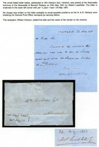 GB QV Cover NEWCASTLE & BERWICK Railway Letter 1851 Alnwick Northumberland EP574 