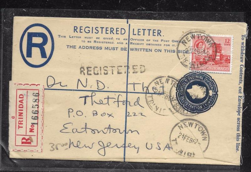 TRINIDAD & TOBAGO (PP1301B) 1954 QEII 15C RLE+12C REG NEWTOWN TO USA