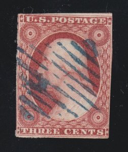 US 10a 3c Washington w/ Blue Square Grid Fancy Cancel SCV $165