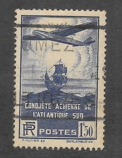 France Scott C16 Used 1.50Fr Airplane & Galleon Airmail stamp  2018 CV $5.25