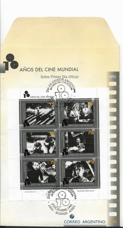 ARGENTINA 1995 100 years of Cinema, Block of 6 values on First Day Cover Chaplin