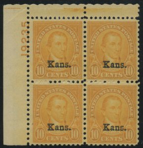 #668 10c KANSAS XF-SUPERB OG NH GEM PLATE BLOCK HV5956