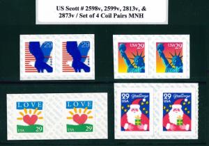 US Scott # 2598v, 2599v, 2813v, & 2873v  Coil Pairs Set MNH