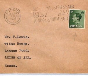 GB KEVIII Cover *WHS* PERFIN London Essex Leigh-on-Sea 1937 {samwells}YW118