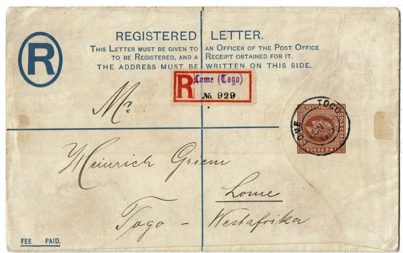 Togo (British Occupation) 1915 Lome cancel on Gold Coast registry envelope