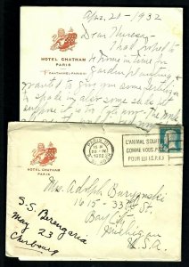 FR5 To USA Berlin 3 covers & letterhead Hotel Calais, Chatham, Mirabeau 1932