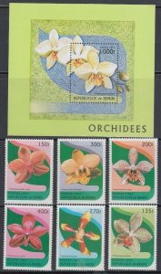 BENIN Sc# 973-9 CPL MNH SET of 6 DIFF + ONE SOUVENIR SHEET of ORCHIDS