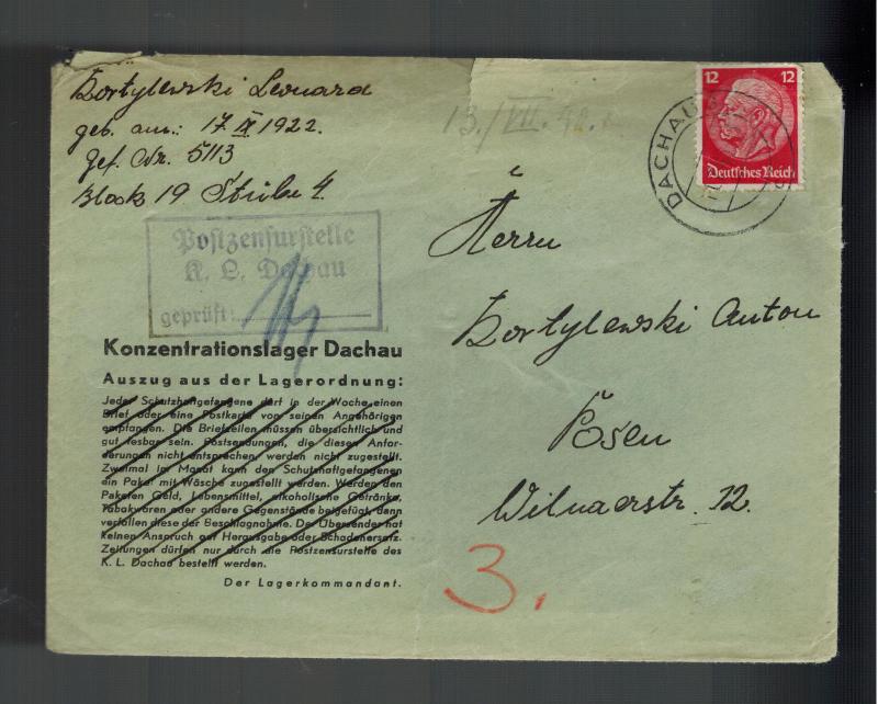 1940 Germany Dachau Concentration Camp Cover to Posen Leonard Kortylewski KZ