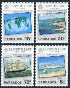 Barbados 627-630,MNH.Michel 604-607. Lloyd's List,1984.World Map,Harbor,Ships.