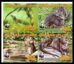 Ivory Coast WWF Speckle-throated Otter 4 imperforated stamps in block 2*2