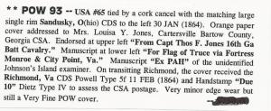 CSA POW Cover US Scott #65 Cork Cancel Sandusky, OH CDS Jan 30 1864 Richmond, VA