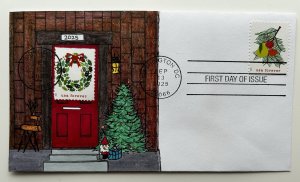 2025 Holiday Cheer FDC Hand Drawn Cachet Extension Art 2 Stamps Wreath As Decor