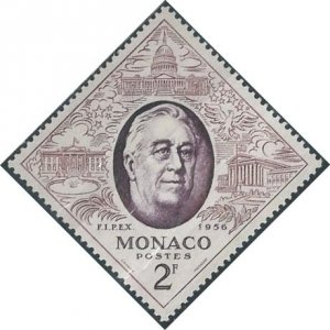 Monaco 355 (mh, small adhesion) 2c FDR memorial, claret & dk pur (1956)