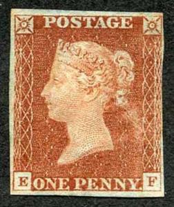 1841 Penny Red (EF) Plate 13 MINT part gum (surface rub) Four Margins