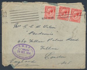 GB 1914 Paquebot from SS Amazon damaged cover SG 357  SC# 160 see scans & detail