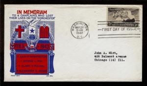 FIRST DAY COVER #956 3c Immortal Chaplains CachetCraft Ken Boll Addr FDC 1948