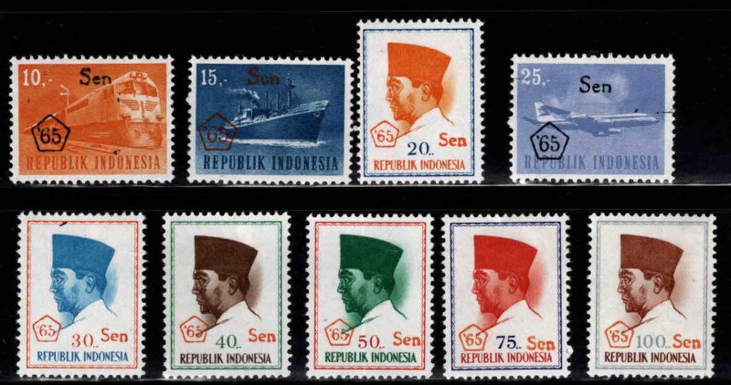 Indonesia Scott 659-667 MH* 1965 surcharged set