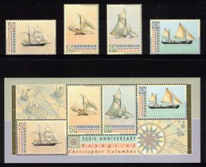 AUSTRALIA 1992 Sailing Ships; Scott 1249-52, 1252a; MNH