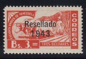 Venezuela 1943 3b Orange Resellado Overprint LM Mint. Scott 383