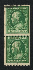 EXCEPTIONAL GENUINE SCOTT #390 F-VF USED 1910 GREEN COIL PASTE-UP PAIR  #10408