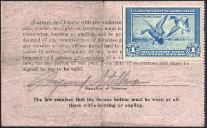 RW1 1934 FEDERAL DUCK  ON CONNECTUCUT LICENSE. Nice usuage on a scace state.