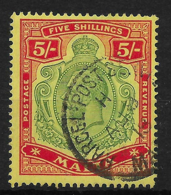 MALTA SG88 1917 5/= GREEN & RED ON YELLOW USED