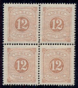 SWEDEN #J5 12ore pale red, Block of 4 w/open “O” variety at LR, NH, XF,