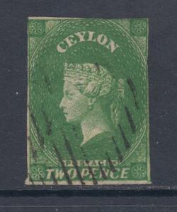 Ceylon SG 3a used 1857 2p yellowish green Queen Victoria imperf, F-VF