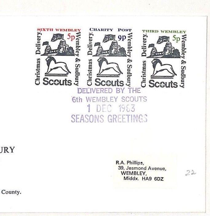 AH84 1983 GB Christmas Charity Post Boy Wembley Scout Cover {samwells-covers}PTS