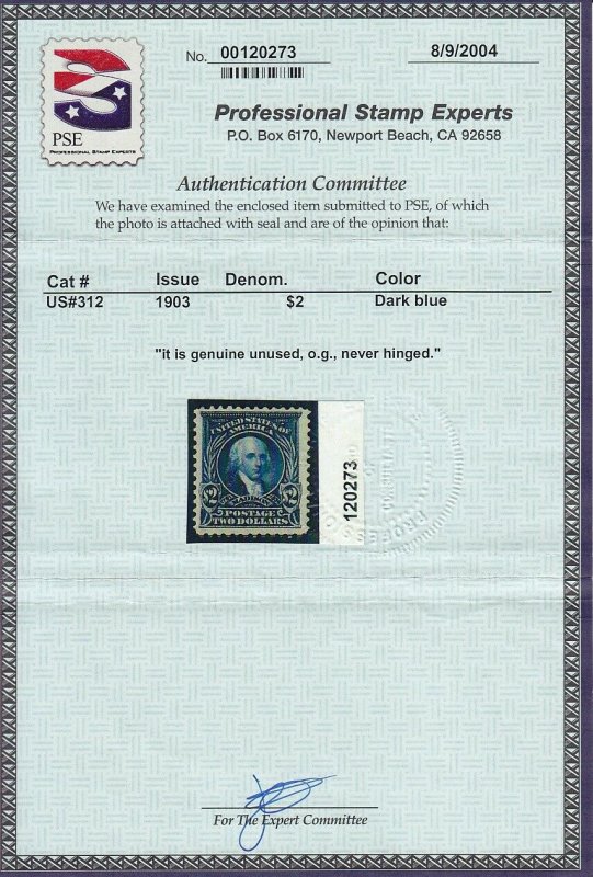 312 VF+ with PSE cert original gum never hinged with nice color ! see pic ! 