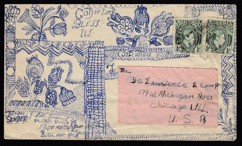 Nigeria 1940s KGVI HAND-DRAWN cover to Chicago Ill