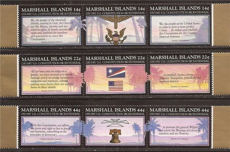 Marshall Islands - 1987 US Constitution - Set of 3 3 Stamp Strips #145a-51a